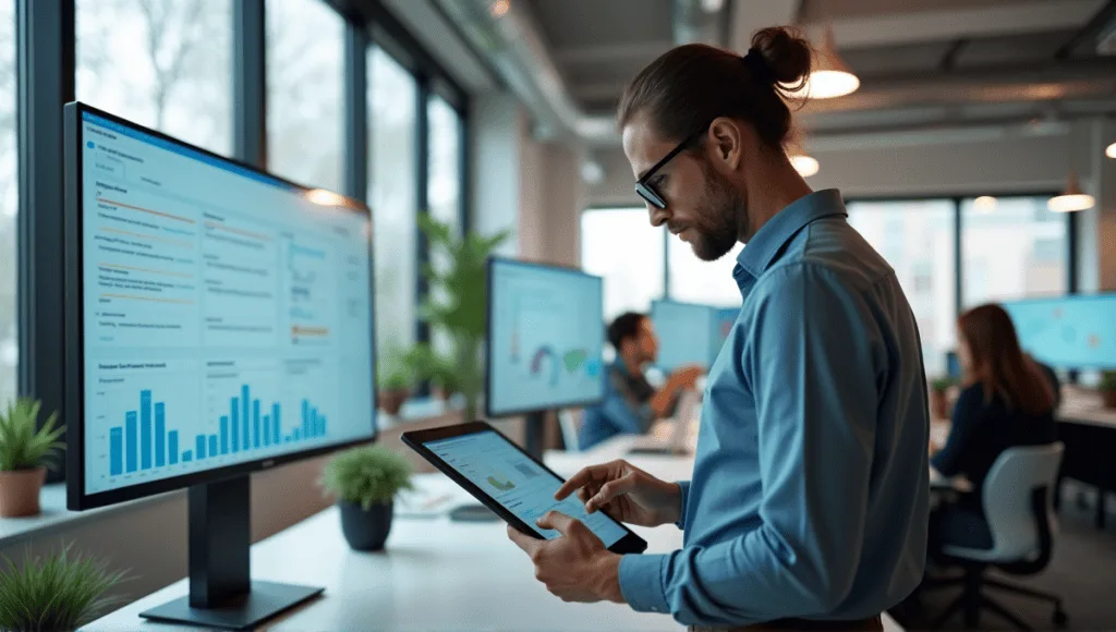 Modern workspace with project manager analyzing sprint goals on a digital tablet surrounded by charts.