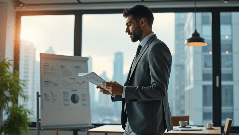 Business professional in gray suit reviewing documents in a modern office, emphasizing risk mitigation strategies.