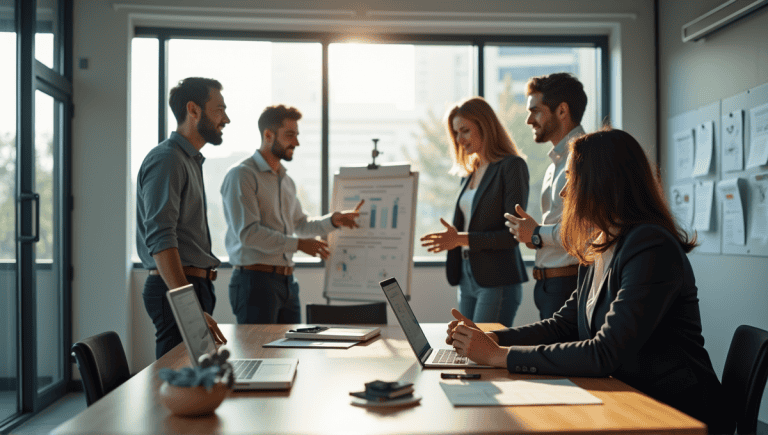 Team of professionals collaborating in a modern office, engaging with a digital presentation.