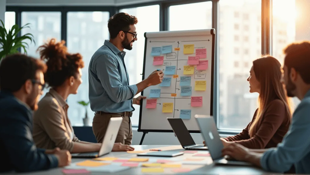 A team of professionals collaborating in a modern office with laptops and planning charts.