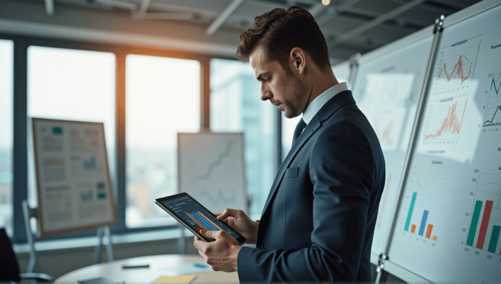 Professional in a suit conducting risk analysis on a tablet in a modern office.