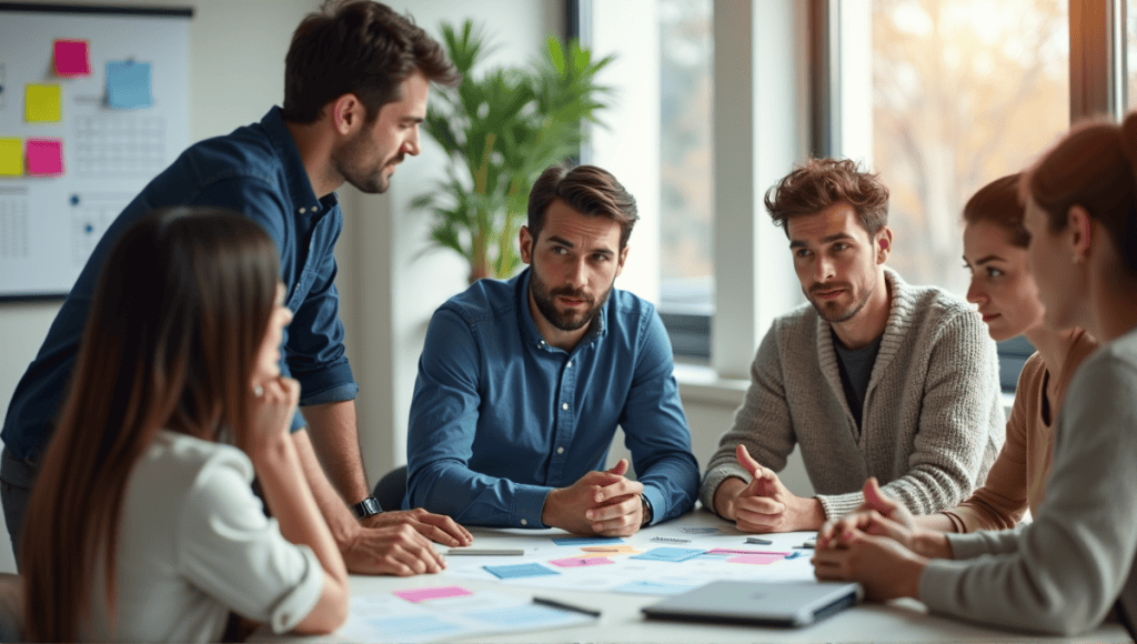 Team of professionals collaborating in a modern office with project management tools and notes.