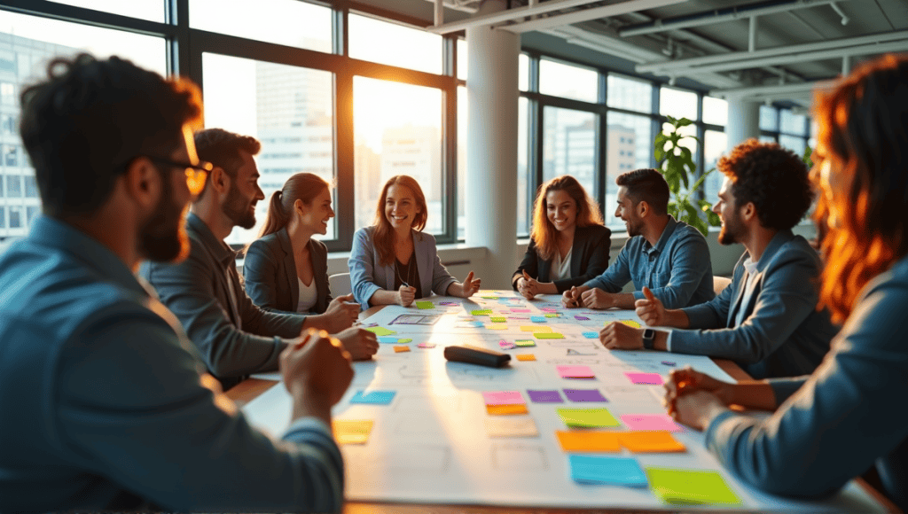 A group of professionals collaborates at a table covered with sticky notes and charts.