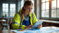 Thoughtful engineer in blue overalls analyzes data on tablet beside charts and graphs.