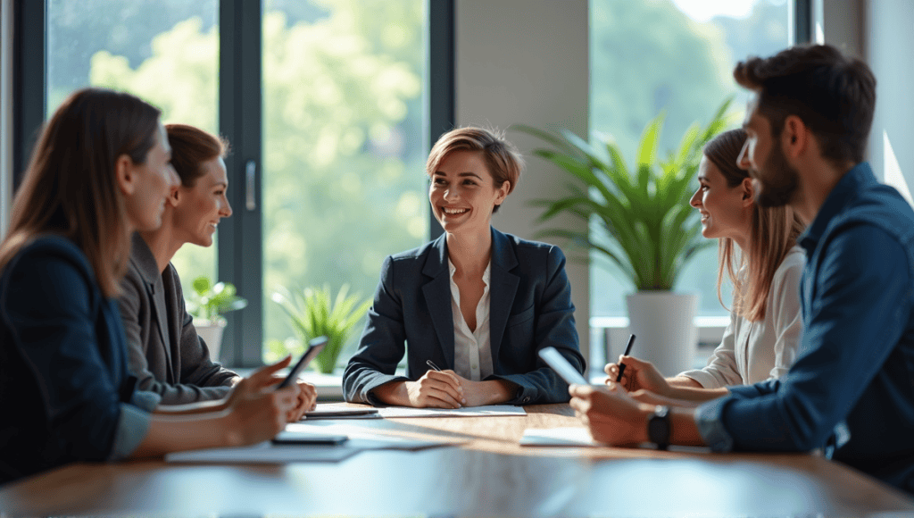 A woman leads a collaborative meeting with colleagues around a modern conference table.