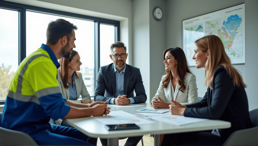 Group of professionals from various industries collaborating at a modern conference table.