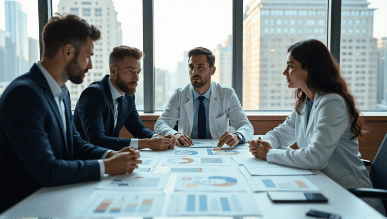 Team of professionals discussing risk assessment tools in a modern conference room.