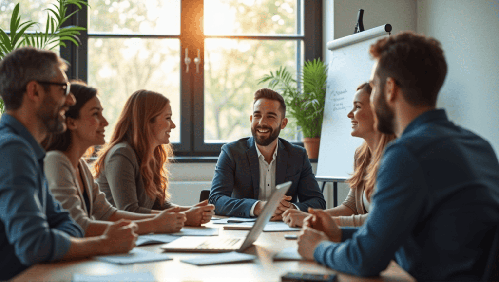 Professionals in smart-casual attire collaborating during a brainstorming session in a modern office.