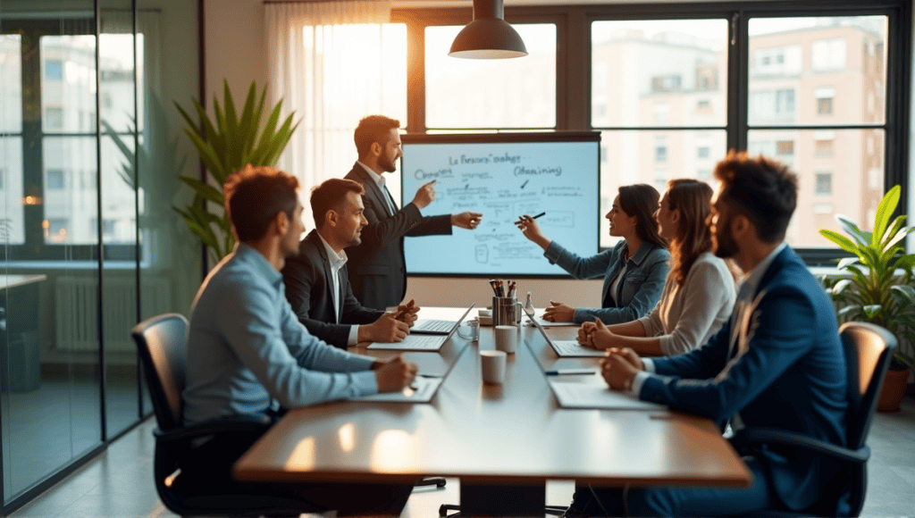 Professionals in smart casual attire discussing ideas around a modern conference table.