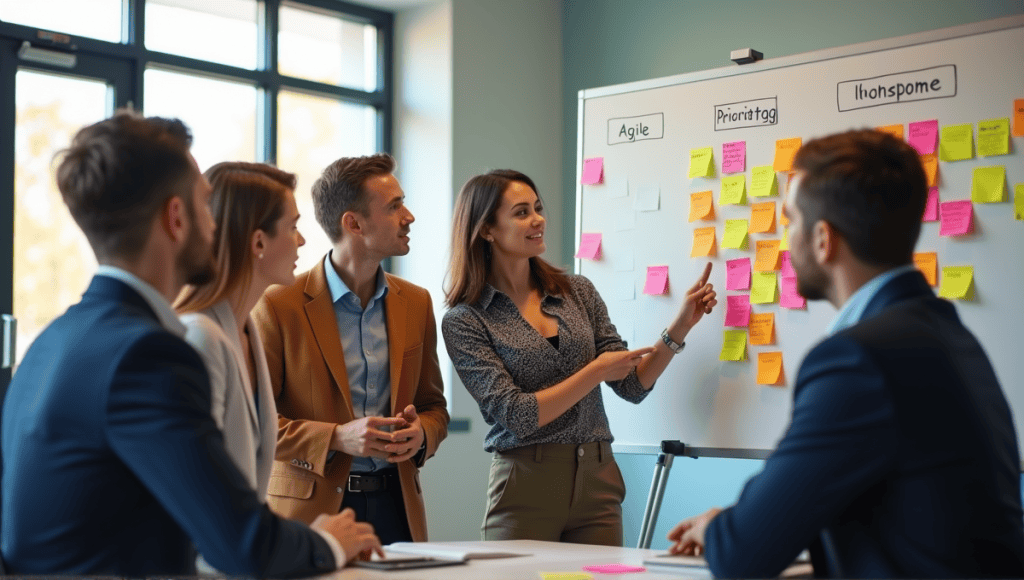 Professionals collaborating on project management strategies with sticky notes at a whiteboard.