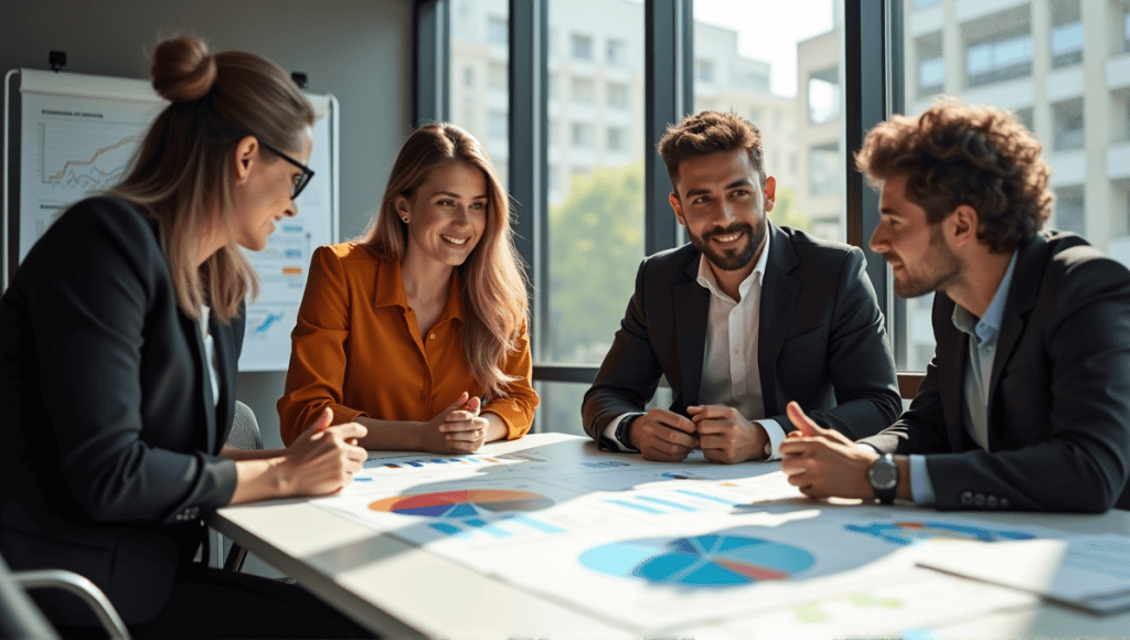 Team of professionals collaborating at a large table with charts and graphs in a modern office.