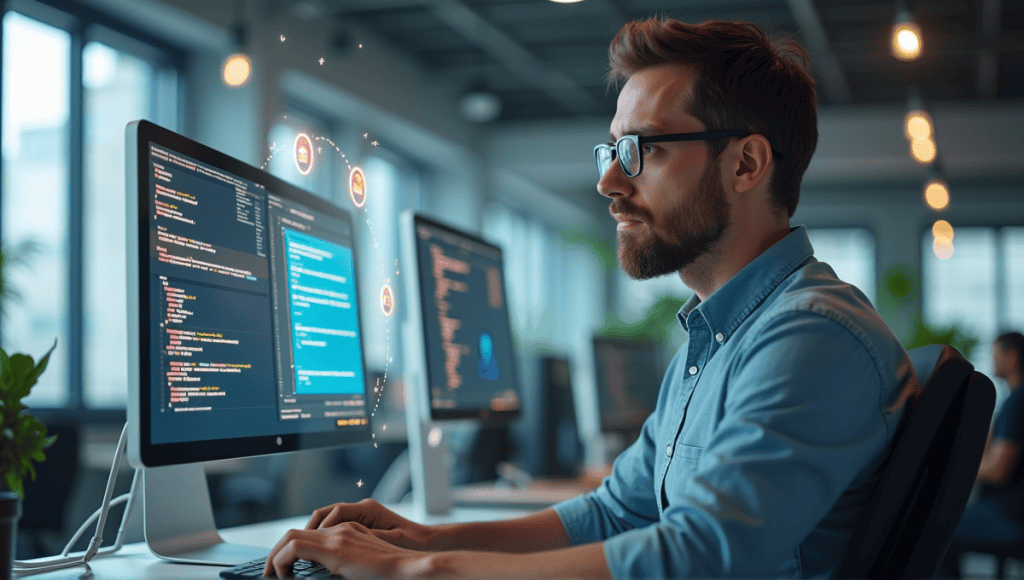 Thoughtful software engineer at a workstation, surrounded by digital elements representing technical debt.