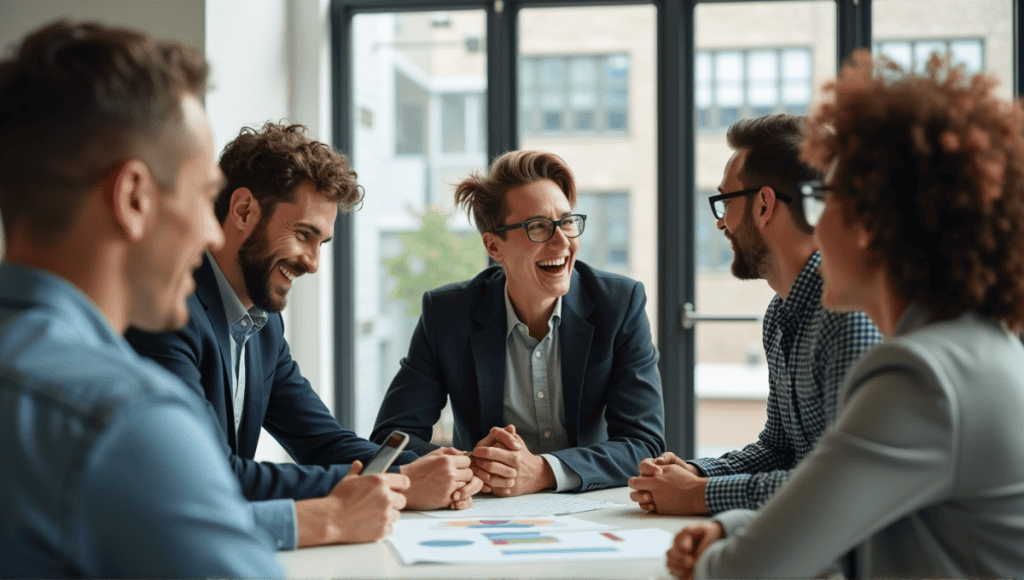 Group of professionals engaged in a collaborative discussion in a modern office setting.