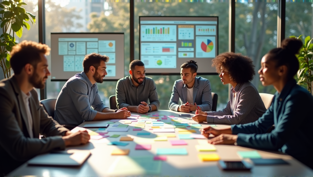 A team of professionals collaborating over colorful post-it notes and digital project screens.