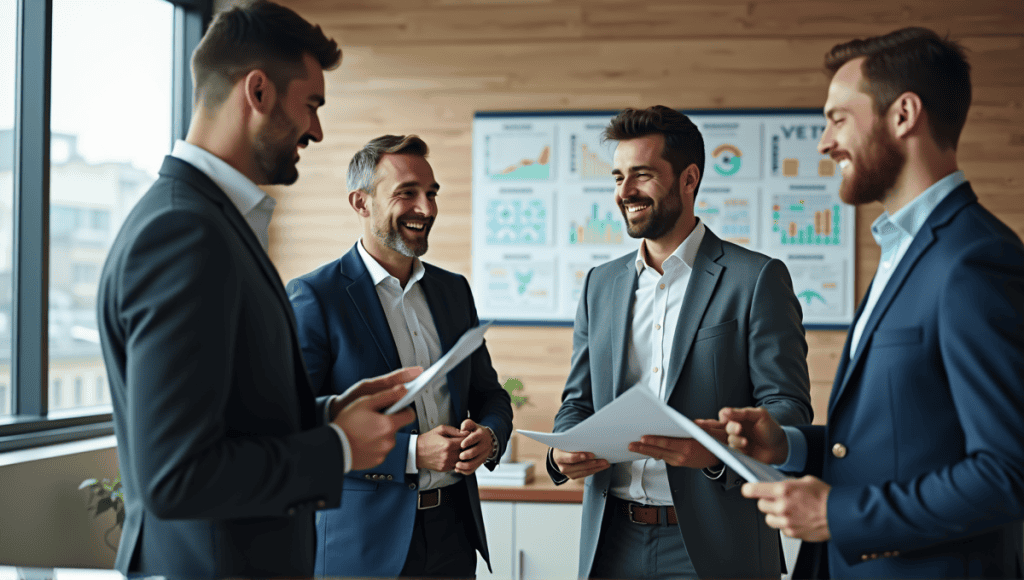 Group of project managers in professional attire brainstorming in a modern office space.