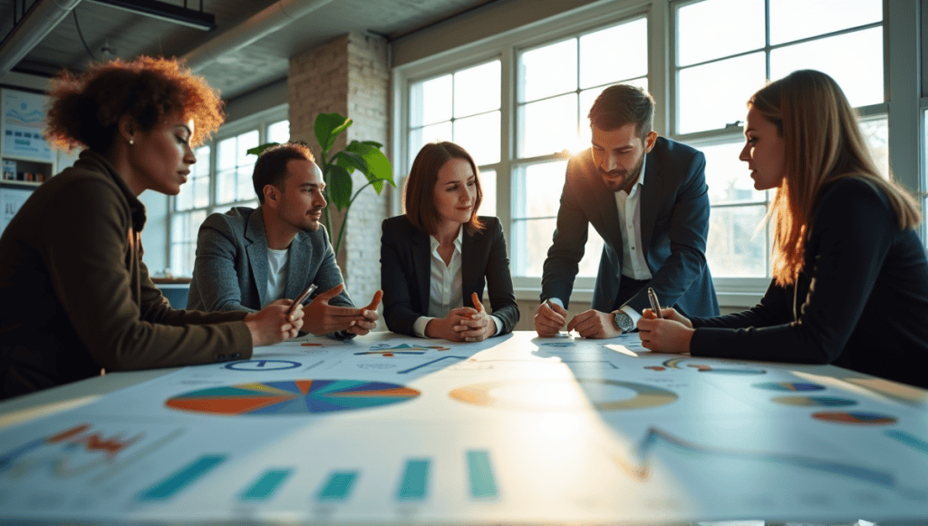 Team of professionals collaborating around a table with charts in a modern office.