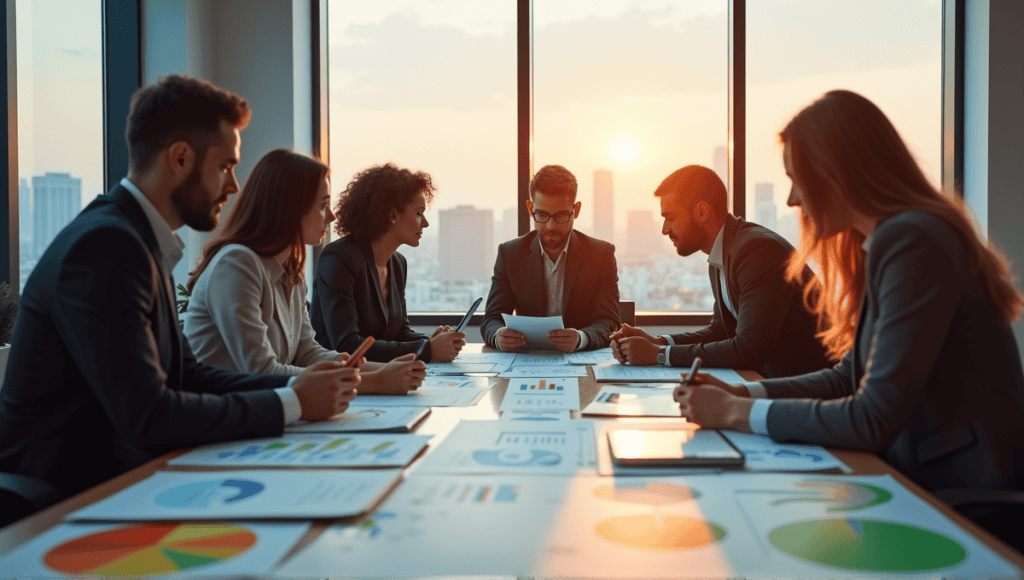 Professionals collaborating in a strategy session with charts and digital devices in a modern office.