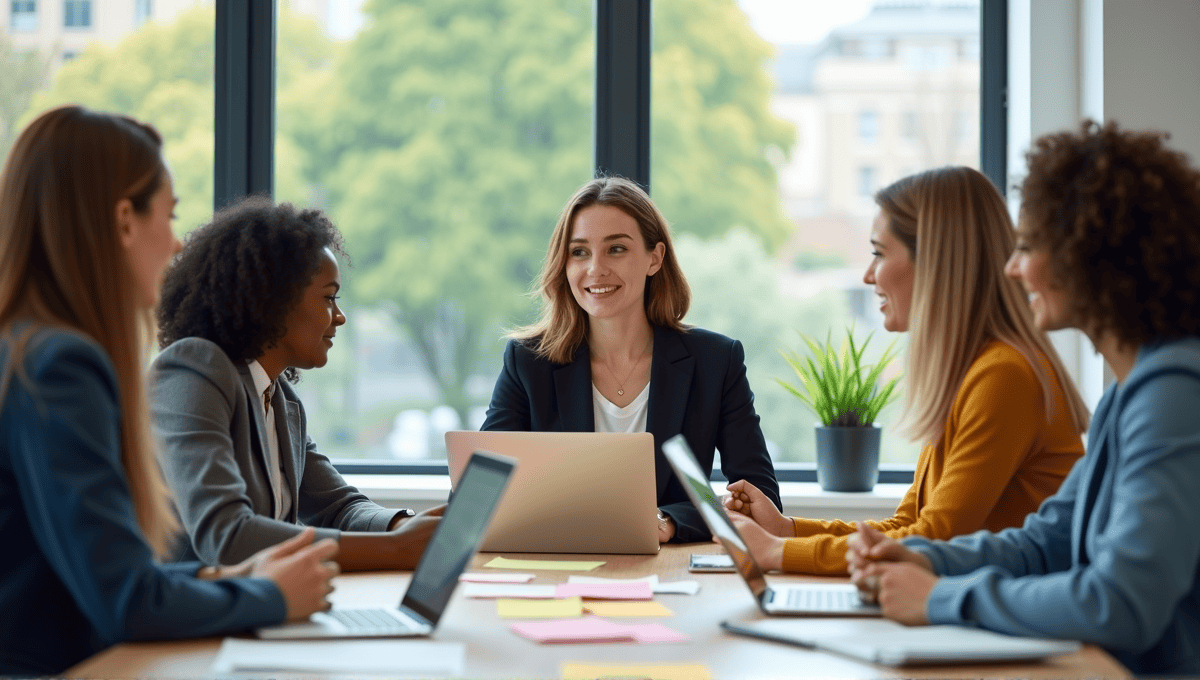 Young woman discussing an agile project with colleagues at a modern conference table.