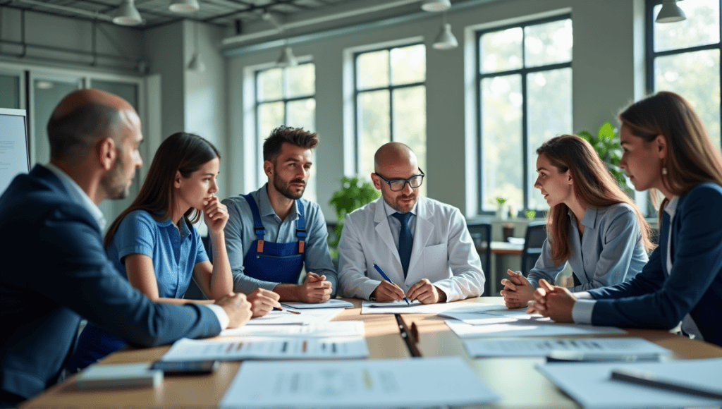 Engineers and professionals discussing resource management strategies around a conference table.