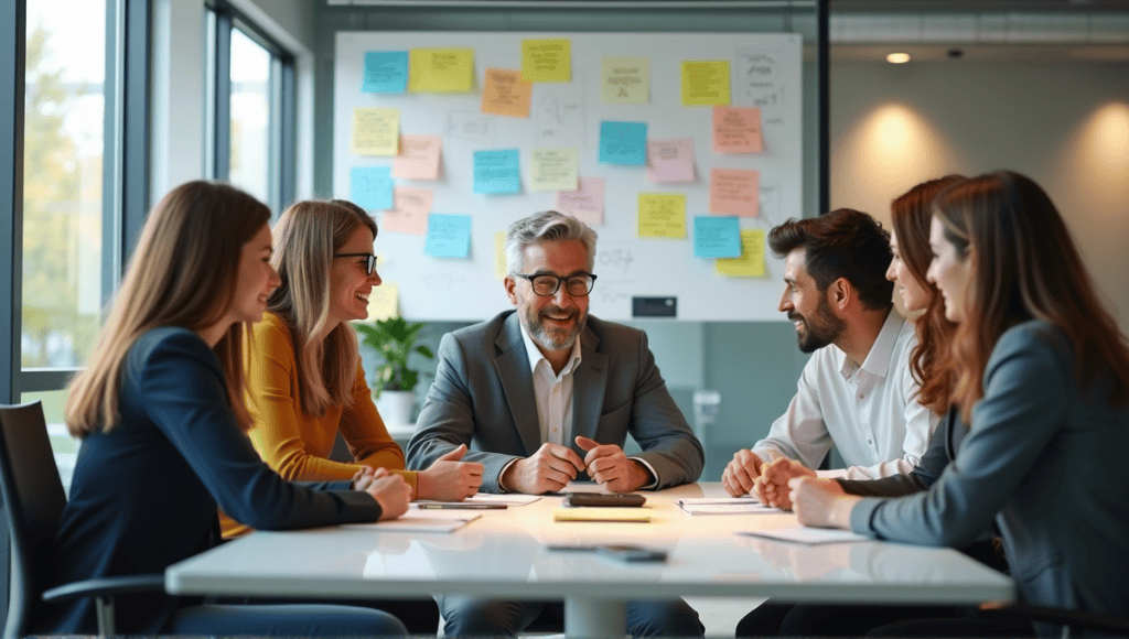 Group of professionals collaborating in a Scrum meeting around a modern conference table.