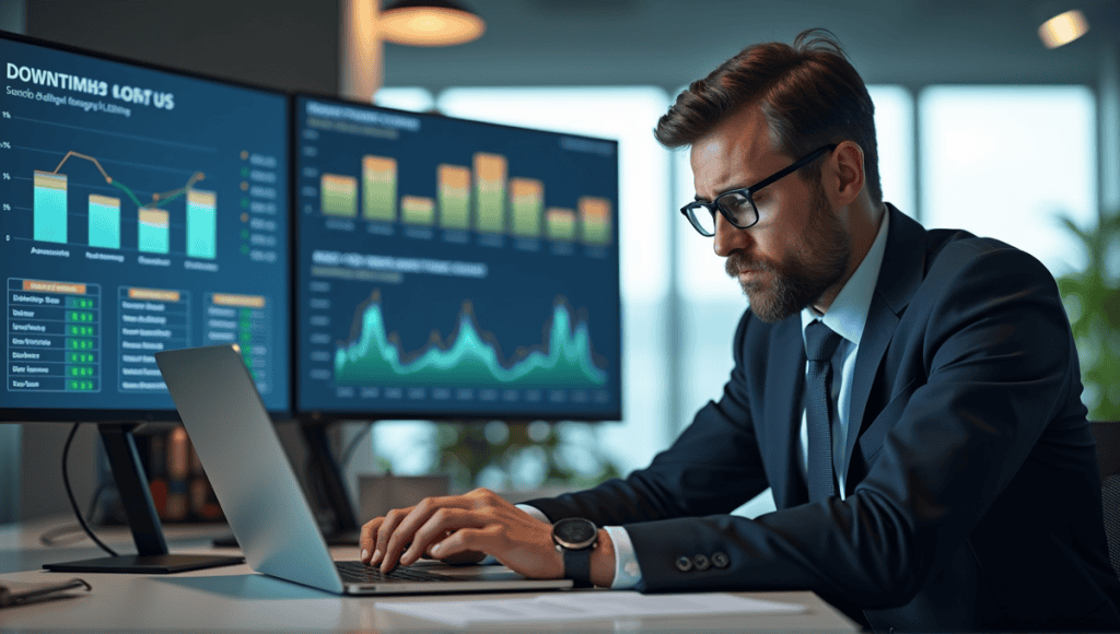 Concerned IT manager in a smart outfit analyzing data on a laptop in modern office.