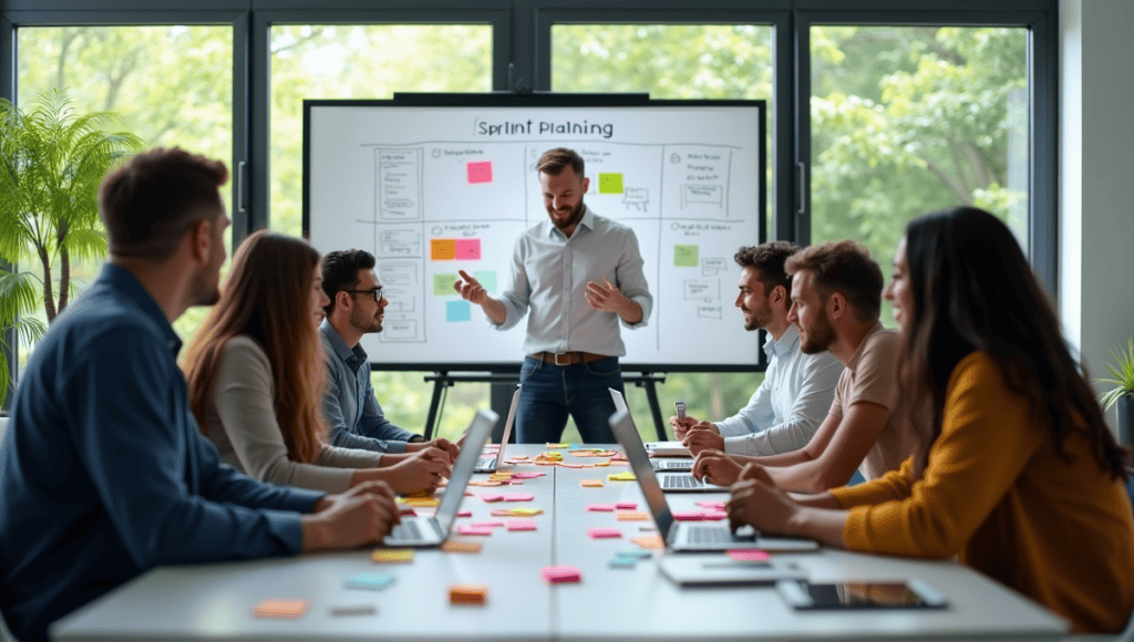 Team of professionals collaborating during a dynamic sprint planning session at a conference table.