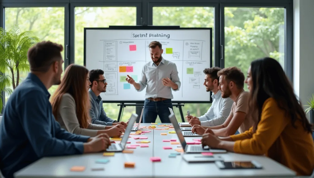 Team of professionals collaborating during a dynamic sprint planning session at a conference table.