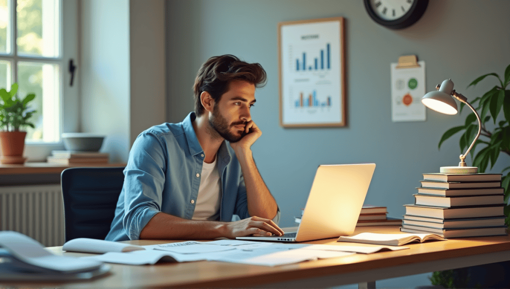 Thoughtful individual at a desk with certification materials, financial documents, and a clock.