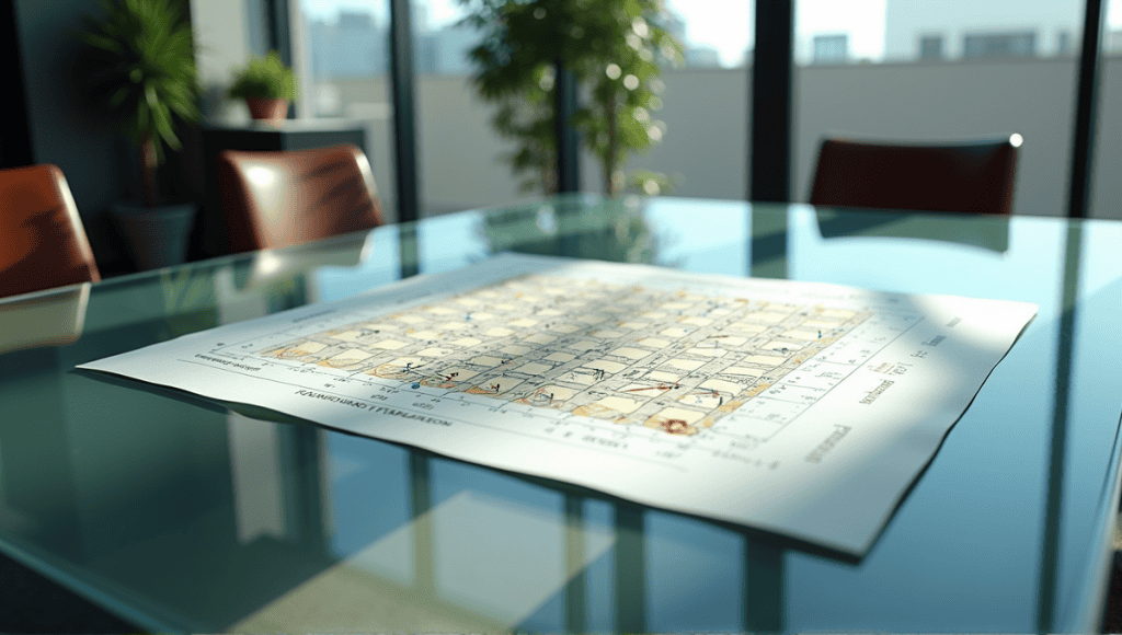 Professional workspace with a detailed 2x2 grid matrix on a glass table.