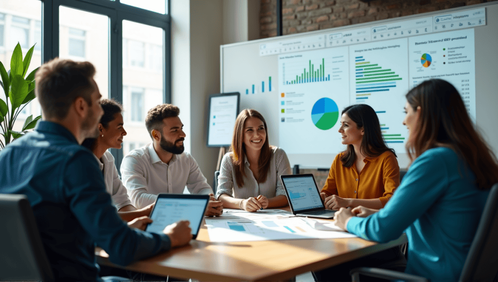 Group of professionals collaborating in a bright workspace with charts and digital screens.