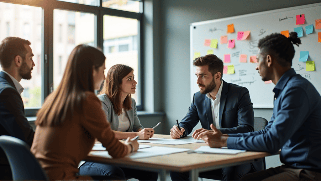 Professionals collaborating at a table in a modern office, discussing Agile methodologies and teamwork.