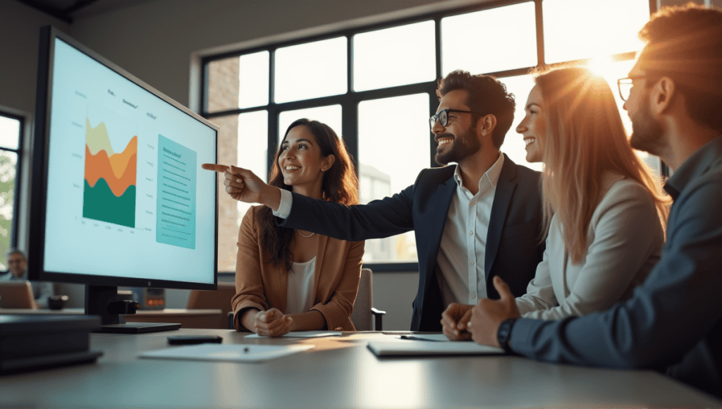 Professionals collaborating in a modern office, reviewing a project on a digital screen.