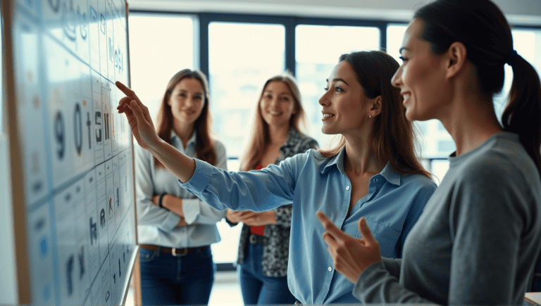 Professionals engaged in a discussion around a scrum board in a modern office.