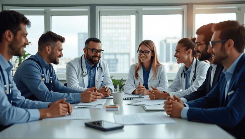 Group of professionals collaborating around a conference table in a modern office setting.