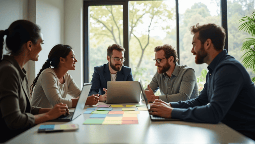 Team of professionals collaborating in a Scrum meeting around a modern conference table.