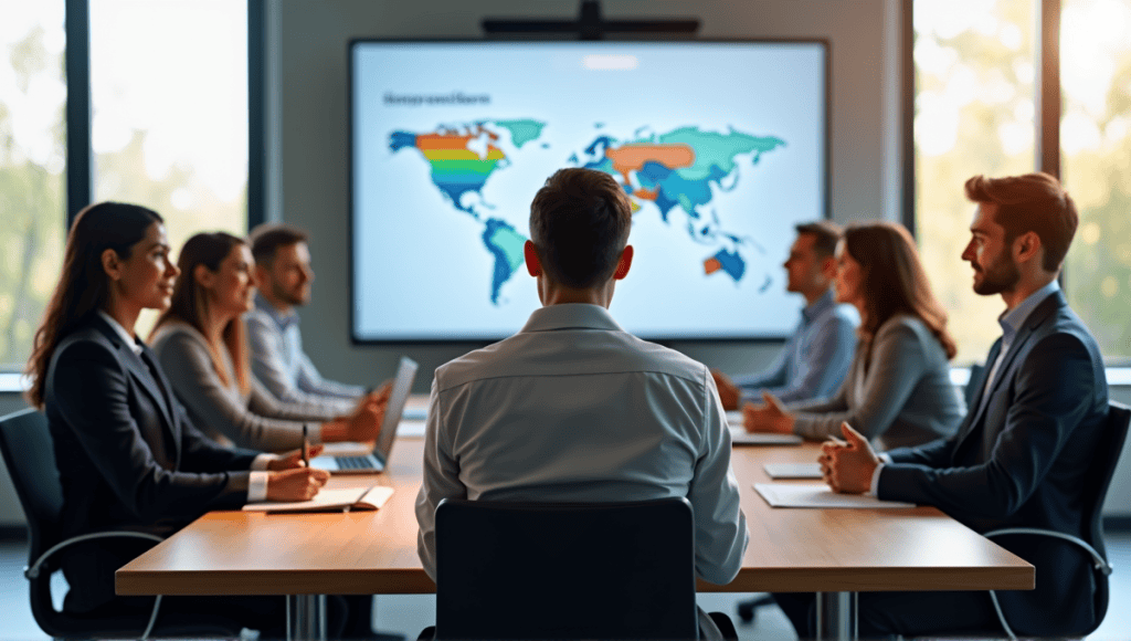 Group of professionals in business attire collaborating around a modern conference table.