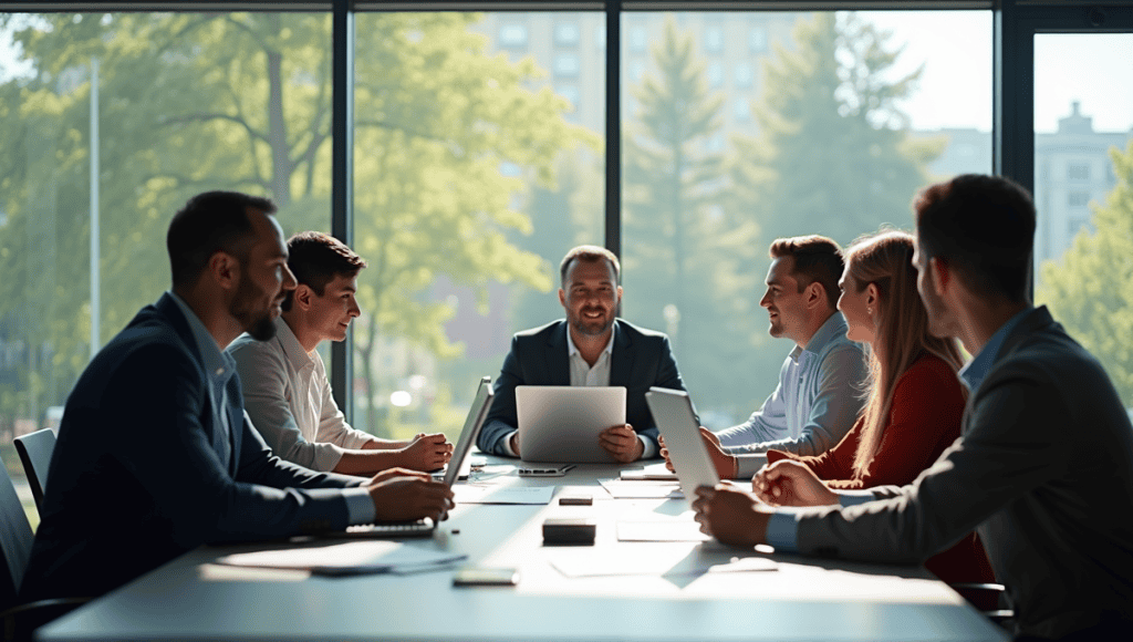 Professionals collaborating in a meeting, discussing the hybrid Agile Waterfall approach.