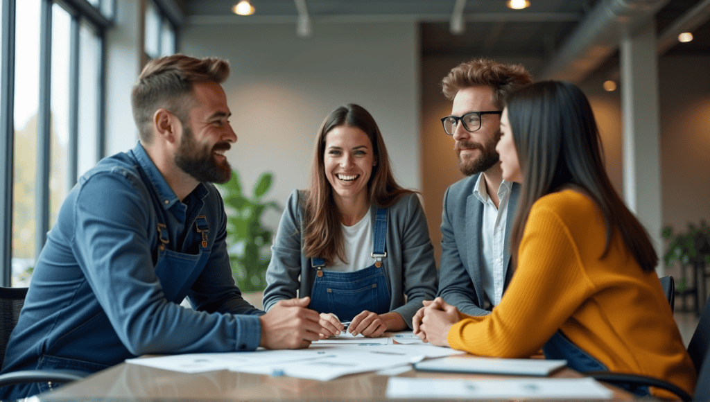 Team of professionals brainstorming in a modern office, discussing strategies with enthusiasm.