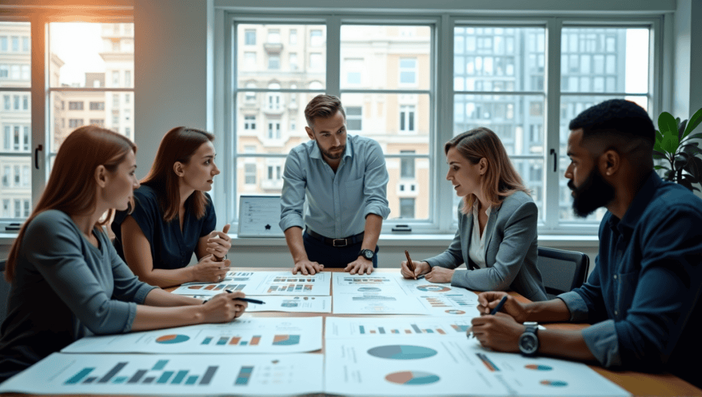 Professionals from different industries collaborating over risk matrices in a modern office.