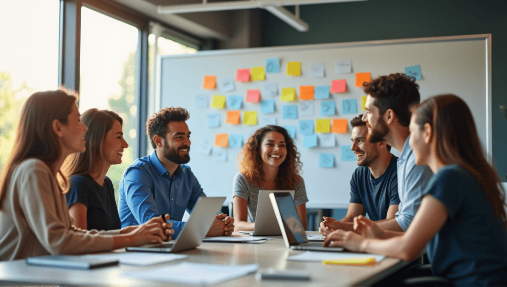 Group of professionals collaborating in a modern office with sticky notes and laptops.