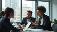 Group of professionals collaborating in a modern office, discussing strategies with determination.