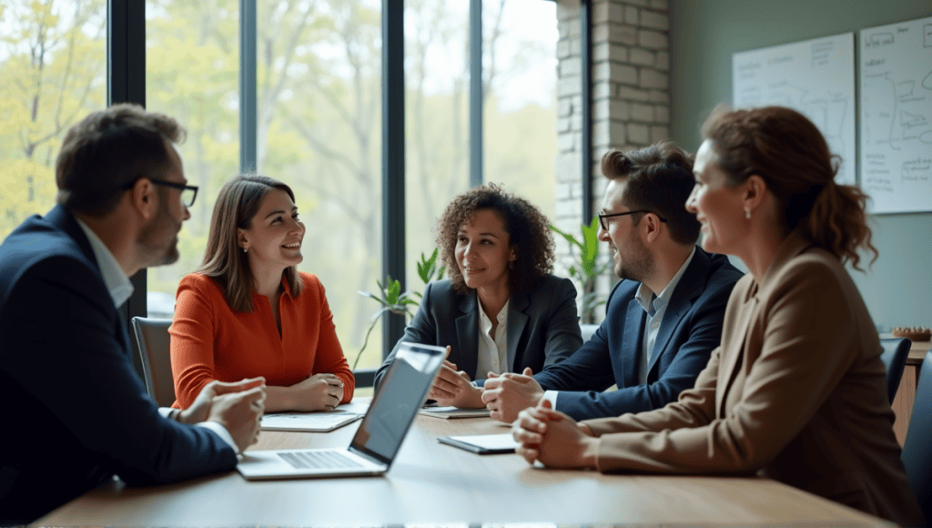 Group of professionals in business attire discussing ideas around a conference table in an office.