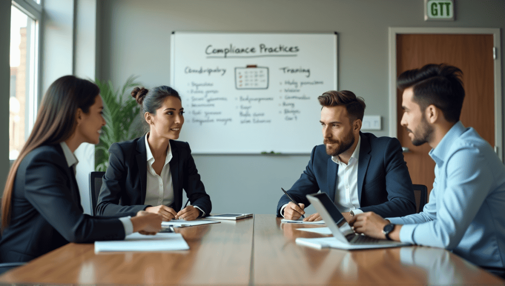 Professionals in business attire collaborating around a conference table in a modern office.