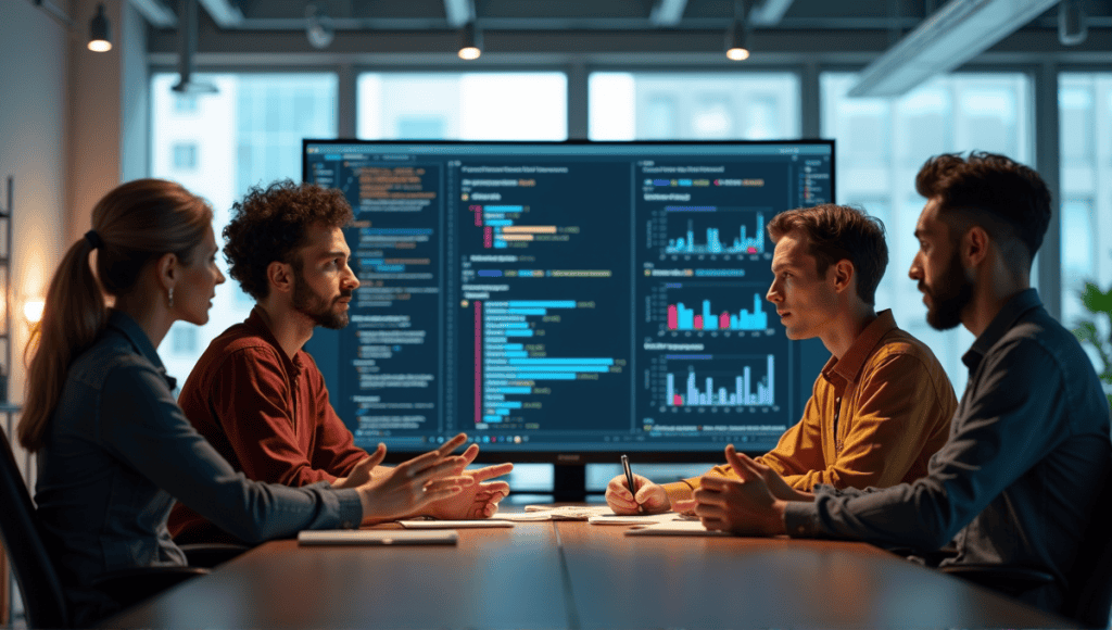 Team of software engineers collaborating around a screen showcasing code and graphs.