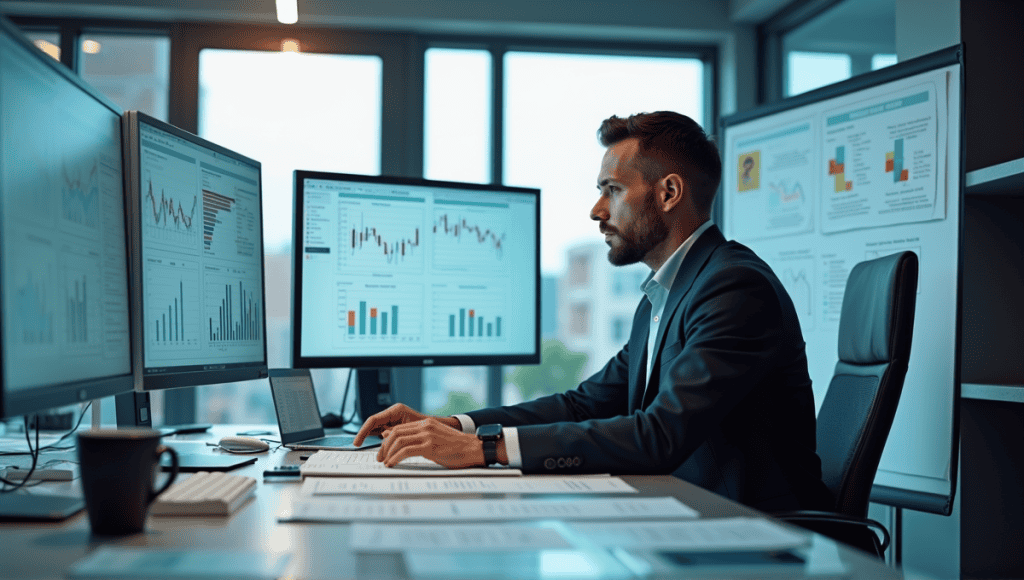 Focused analyst in smart casual attire working with quantitative risk assessment tools at a sleek desk.