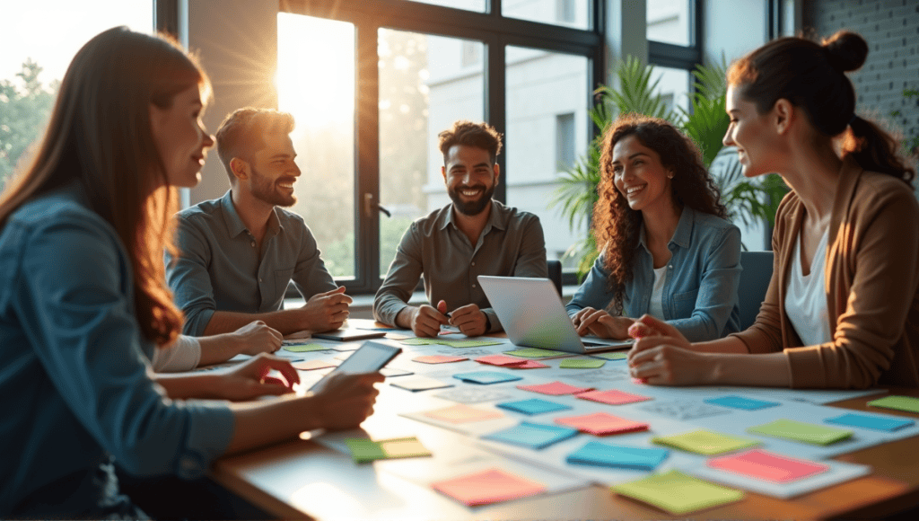 Professionals collaborating around a table with sticky notes and digital devices in a modern office.