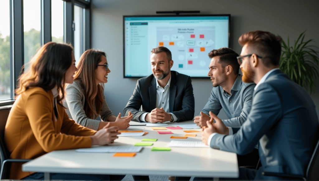 Group of professionals collaborating in a Scrum meeting around a modern conference table.