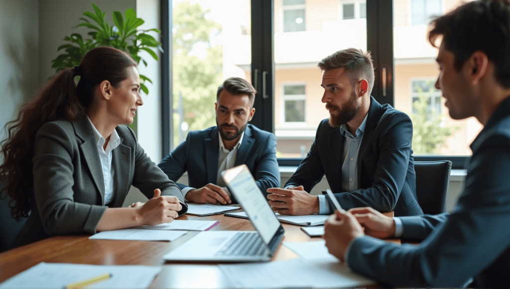 Team of professionals collaborating in a modern office, sharing insights and ideas.