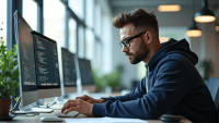 Software engineer in hoodie and glasses intensely coding at a modern desk with multiple screens.