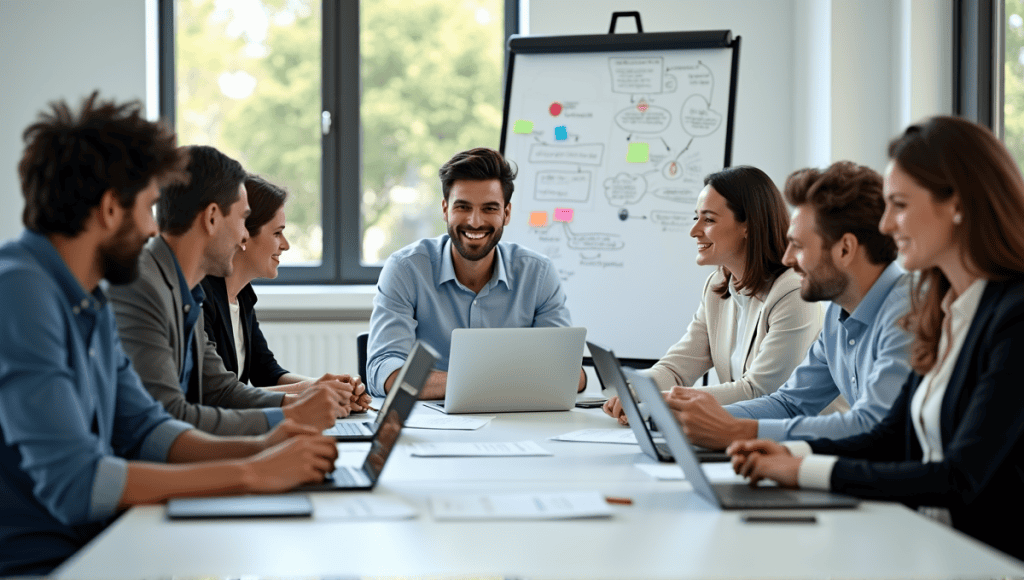 Group of professionals collaborating during a dynamic sprint review meeting at a conference table.